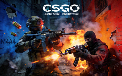 CSGO游戏封面，展示反恐精英与恐怖分子战术射击对抗场景
