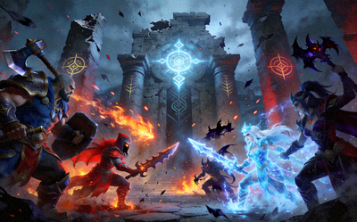 DOTA2游戏封面，展示天辉夜魇远古遗迹攻防对抗场景