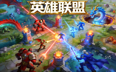 英雄联盟游戏封面，展示召唤师峡谷5V5团队对抗场景